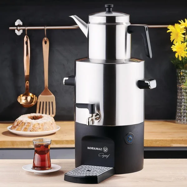 سماور برقی 2000 وات 2.0 + 5.0 لیتر استیل مات چای شف کرکماز 841 | رابیما