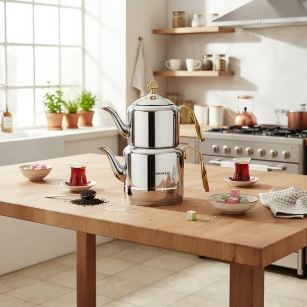 کتری و قوری 1.1 + 2.0 لیتر استیل براق چینتمانی کرکماز 212 | رابیما