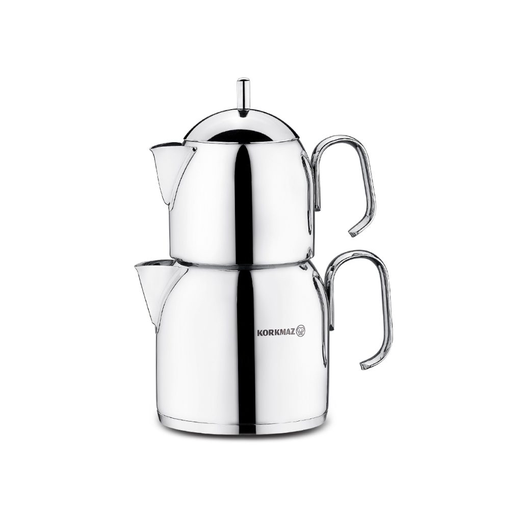 کتری و قوری 0.65 + 1.2 لیتر استیل براق پرا کرکماز 281