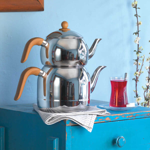 کتری و قوری 1.1 + 2.5 لیتر استیل براق رترو کرکماز 196