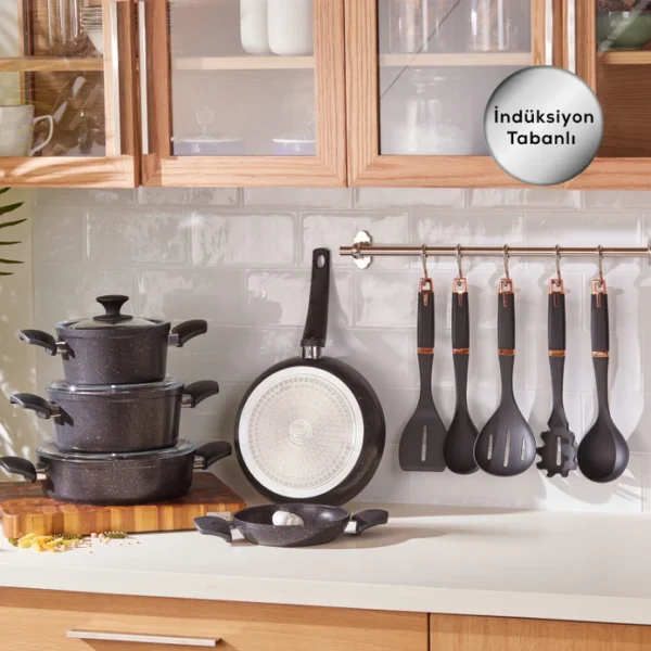 سرویس قابلمه و کفگیر و ملاقه 13 پارچه مشکی طلایی پاور بیوگرانیت کاراجا 153.03.08.1172