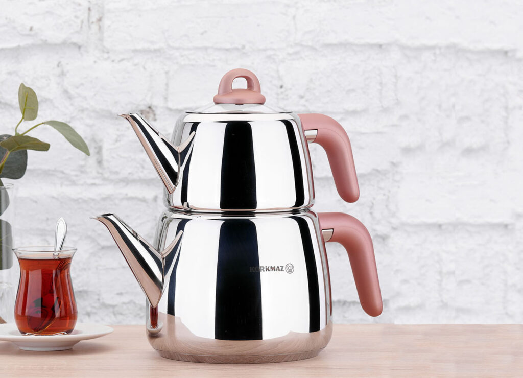 کتری و قوری 1.0 + 2.0 لیتر استیل براق بلا کرکماز